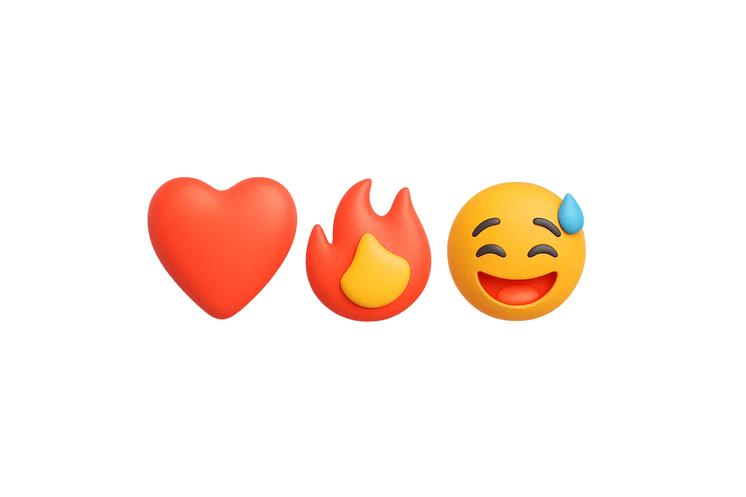 3D-иллюстрация с эмодзи-реакциями для Telegram Три объёмных эмодзи — сердце, огонь и смех, символизирующие автоматические реакции в Telegram