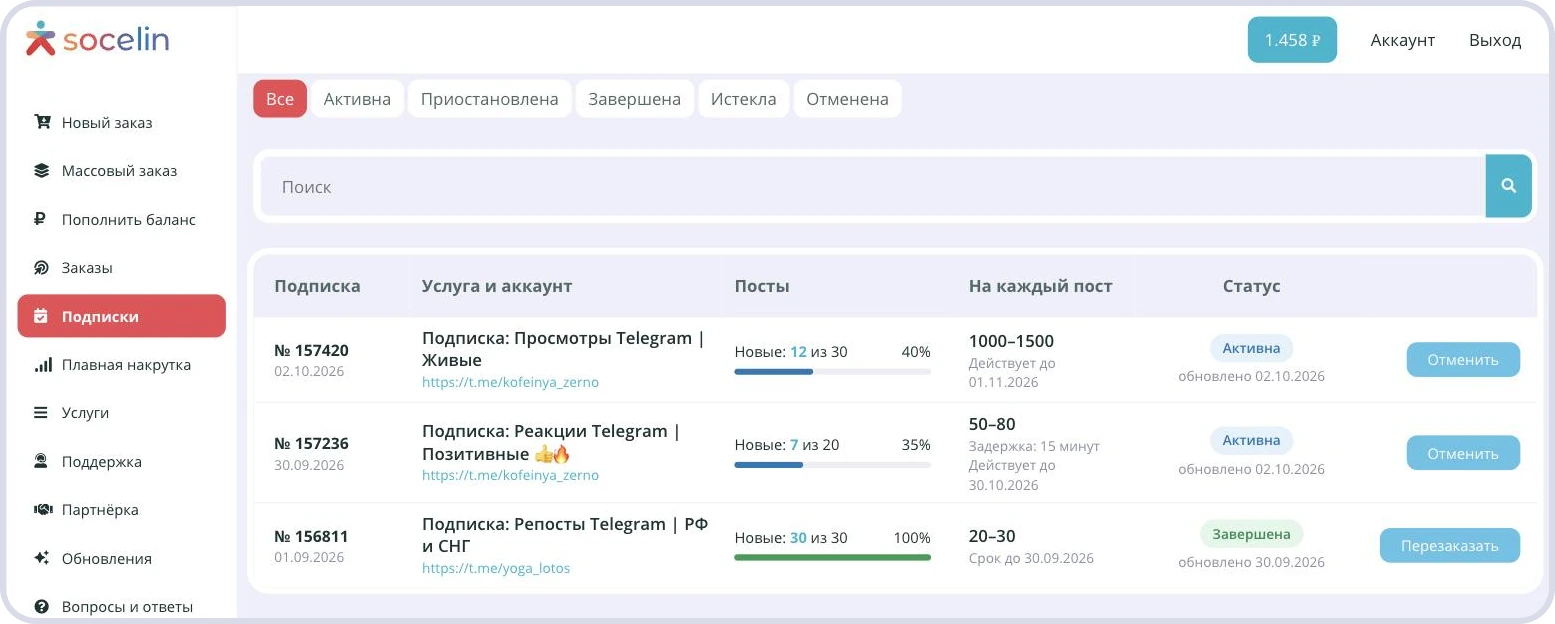 Подписки Telegram в личном кабинете Socelin: просмотры, реакции и репосты на новые посты