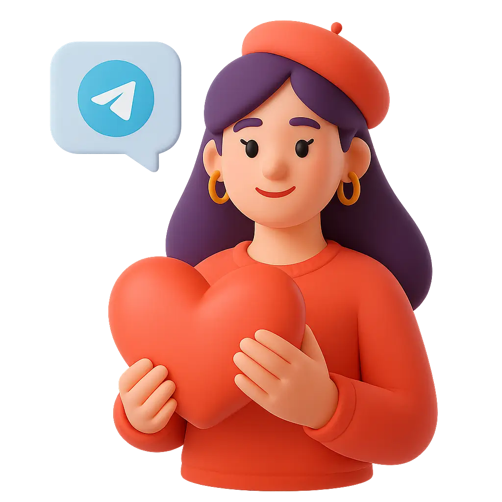 Девушка-блогер в красной одежде держит сердце и значок Telegram — образ доверия и лояльности аудитории
