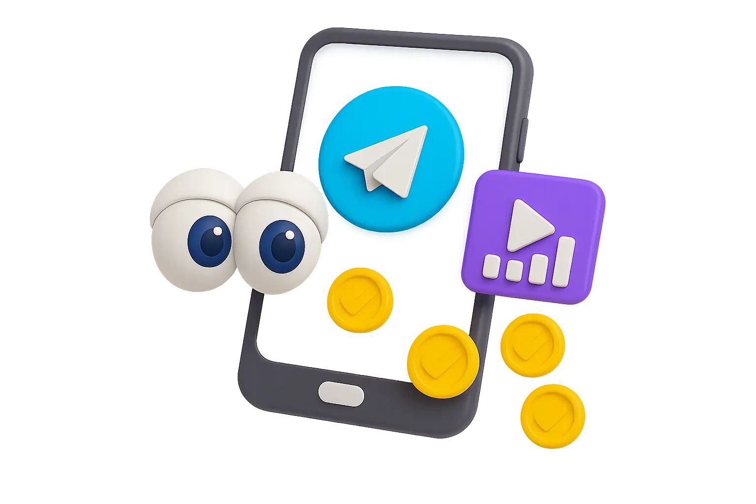 3D-иллюстрация с логотипом Telegram, иконкой глаза и графиком просмотров — символика вовлечённости в канале
