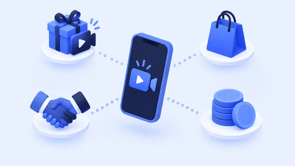 Phone surrounded by icons for LIVE gifts, shopping, brand deals and coins