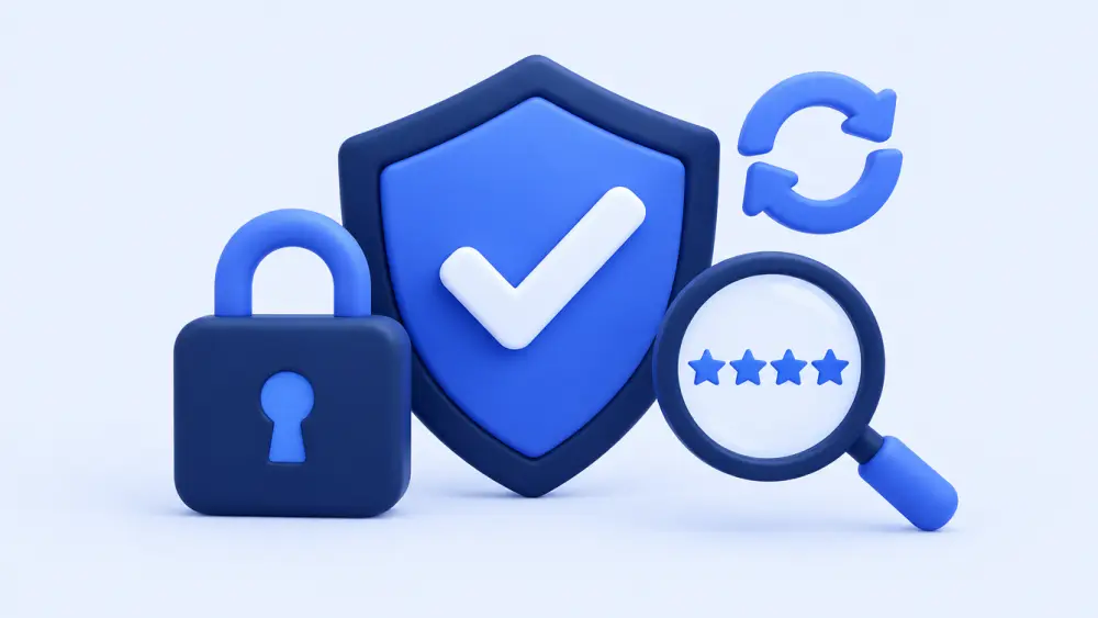 Shield with a check mark, a closed padlock, a refill arrow and a magnifier over a rating