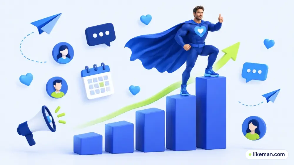 Telegram channel growth plan: LikeMan superhero next to a rising chart of subscribers, posts and reactions