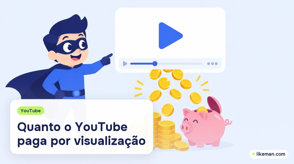 Quanto o YouTube paga por visualização. Super-herói da LikeMan apontando para moedas de ouro que saem de um player de vídeo para um cofrinho