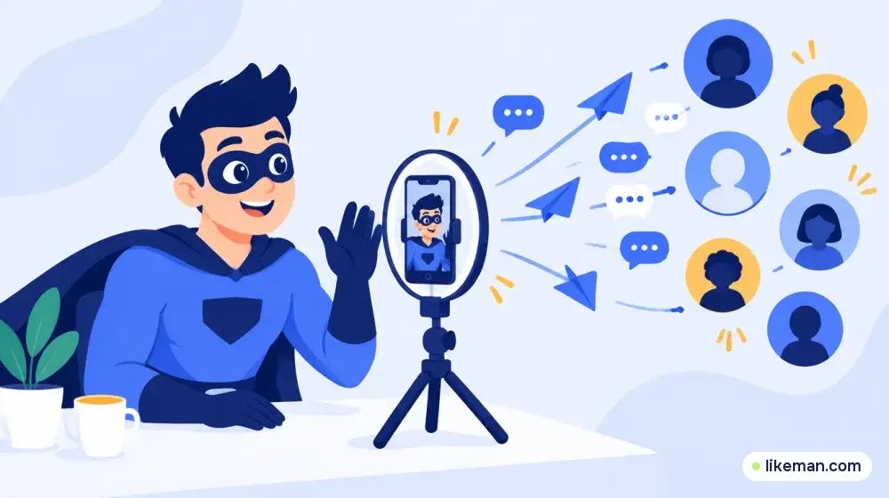 Super-herói da LikeMan gravando um Reels no celular com tripé enquanto os envios voam para novas pessoas