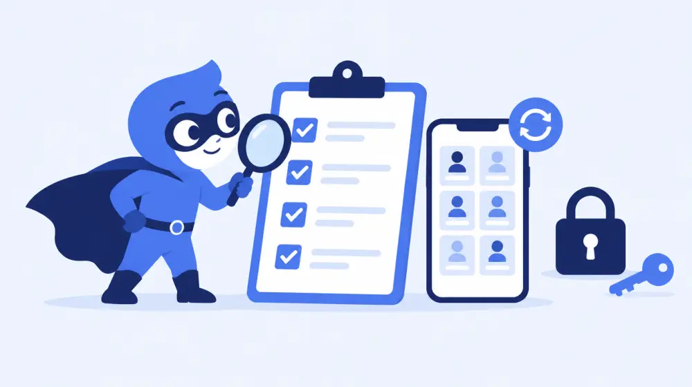 LikeMan superhero checking a checklist with a magnifying glass next to a phone, a padlock and a refill icon