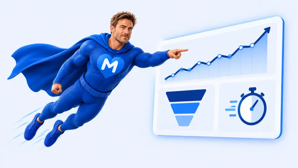 LikeMan superhero pointing at an analytics dashboard with a rising line graph, a funnel and a stopwatch