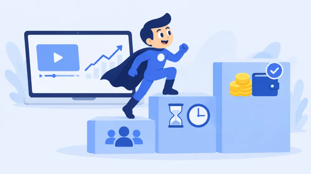 LikeMan superhero climbing three steps marked with subscriber, watch-time and money icons in front of a laptop with a growth chart