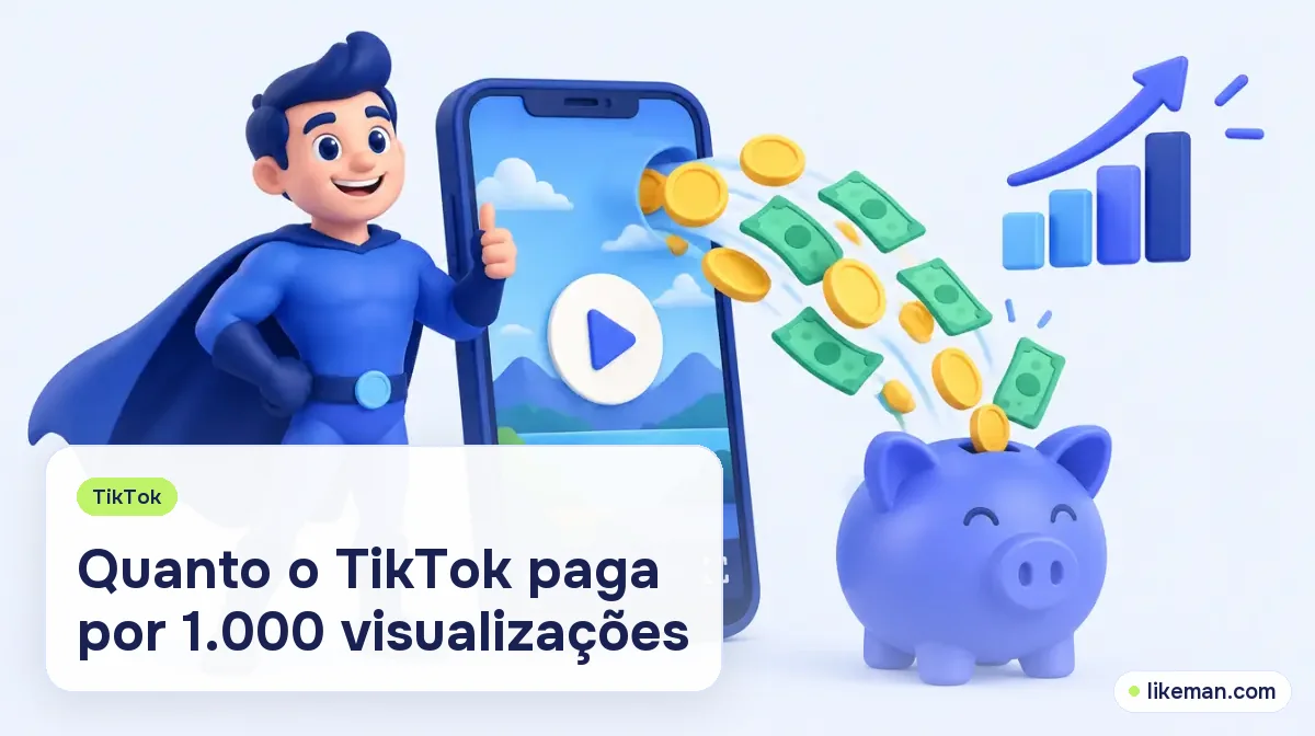 Quanto o TikTok paga por 1.000 visualizações. Super-herói da LikeMan ao lado de um celular com moedas saindo de um vídeo curto para um cofrinho