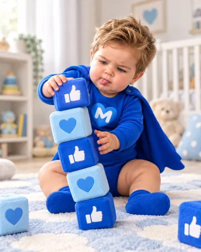 LikeMan superhero as a baby stacking like-button blocks