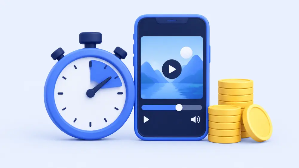 Stopwatch next to a phone video past the one-minute mark with coins stacking up