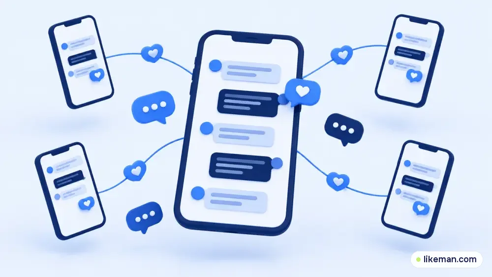 Celular com uma conversa de comentários, balões e corações ligando a outros celulares