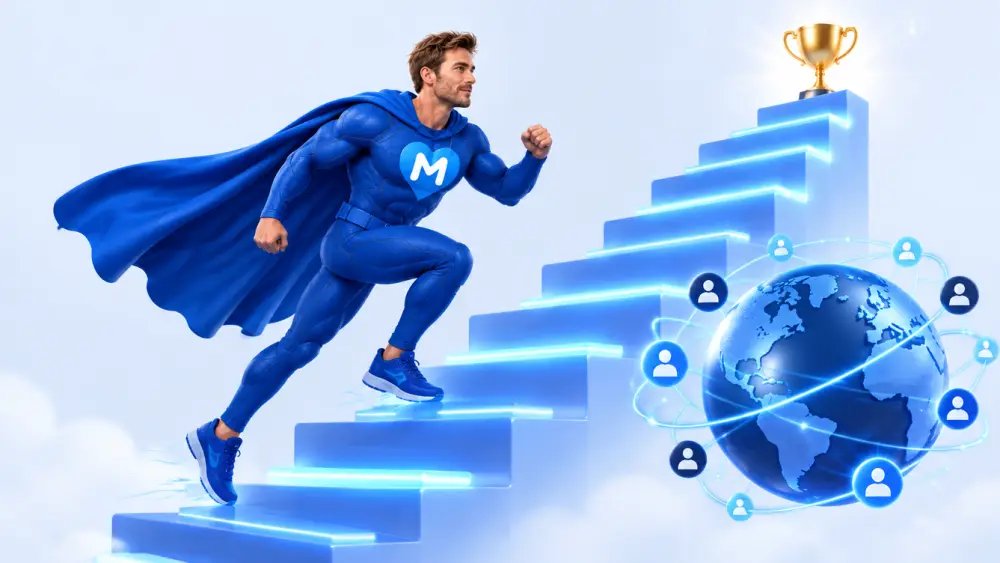 LikeMan superhero climbing glowing blue steps toward a trophy next to a globe circled by subscriber icons