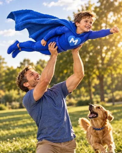 Little LikeMan superhero flying in his dad’s arms