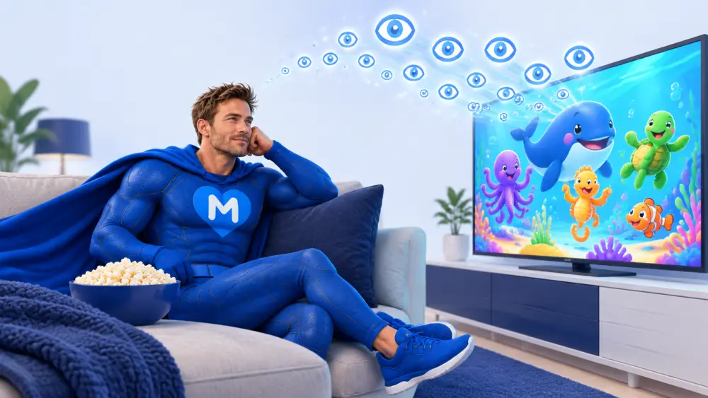 LikeMan superhero on a couch watching a colorful kids' cartoon while a view counter rises above the screen