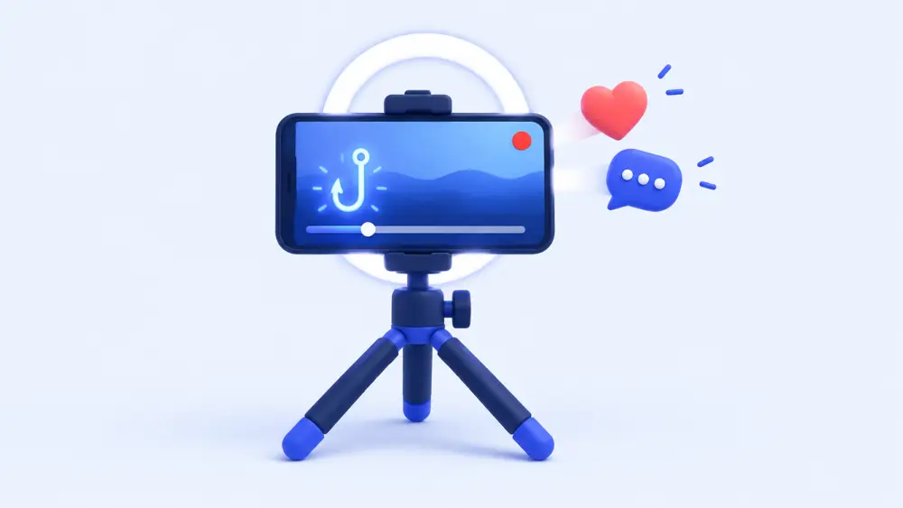 Phone on a tripod with a ring light recording a video with a strong opening hook