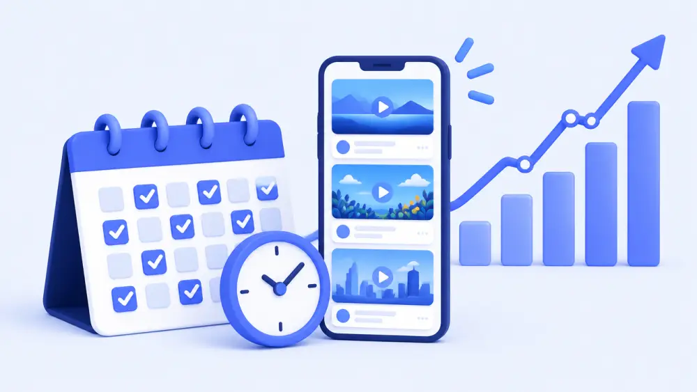 Calendar and clock beside a scrolling video feed with a rising chart