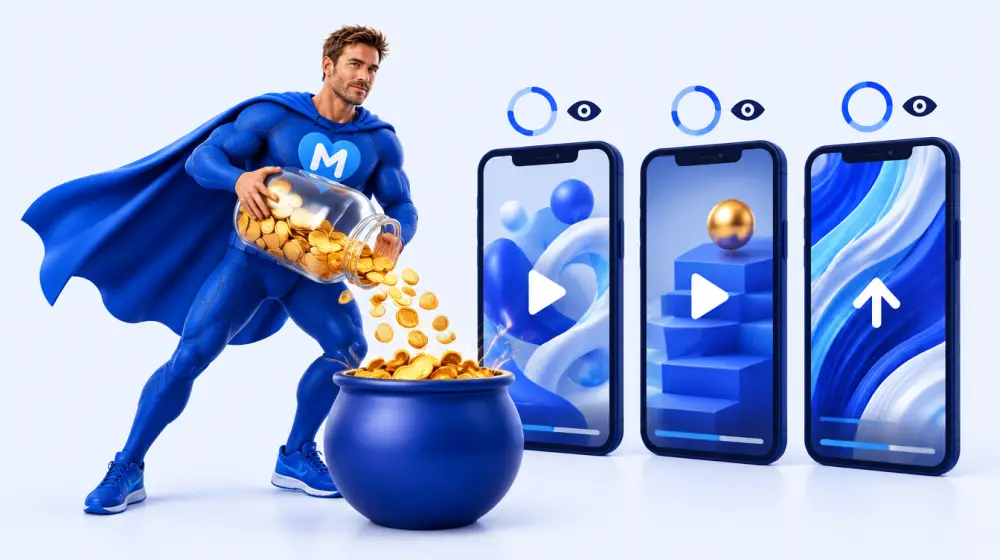 LikeMan superhero pouring gold coins into a shared pot next to three phones playing vertical short videos