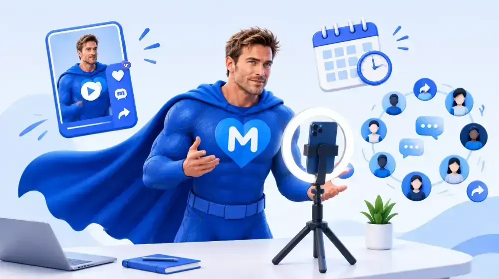 LikeMan superhero filming a short vertical video as a community of followers gathers around
