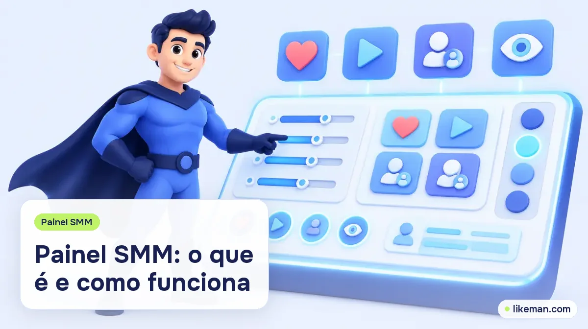 Painel SMM: o que é e como funciona. Super-herói da LikeMan diante de um painel de controle com ícones de curtidas, visualizações e seguidores