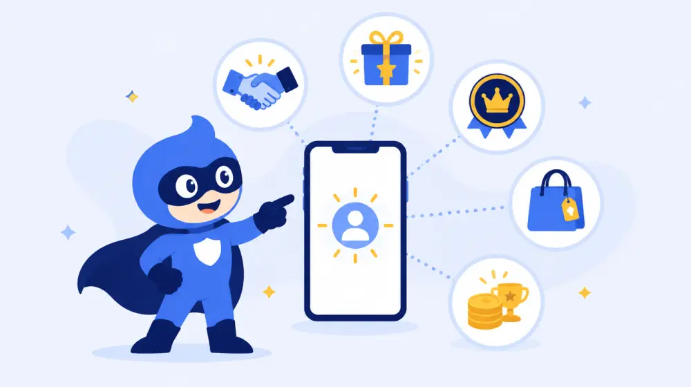 LikeMan superhero pointing at a phone linked to icons for brand deals, gifts, memberships, shopping and bonuses