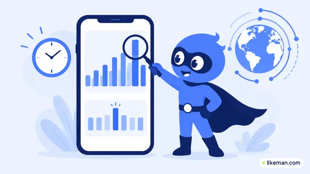 Super-herói da LikeMan apontando uma lupa para o horário de pico no gráfico de atividade do celular