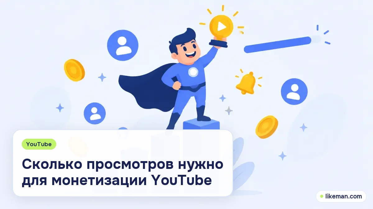 Сколько просмотров нужно для монетизации YouTube. Супергерой LikeMan на вершине растущих столбиков с кнопкой воспроизведения, вокруг монеты и значки подписчиков