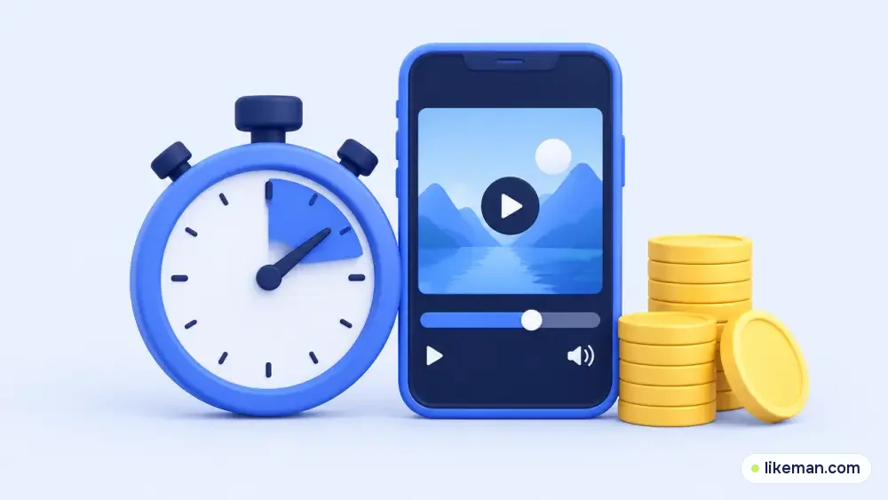 Cronômetro ao lado de um vídeo no celular que passou de um minuto, com moedas se acumulando