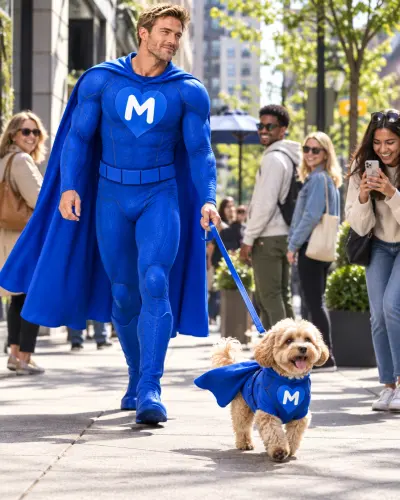 LikeMan superhero walking a dog in a matching suit