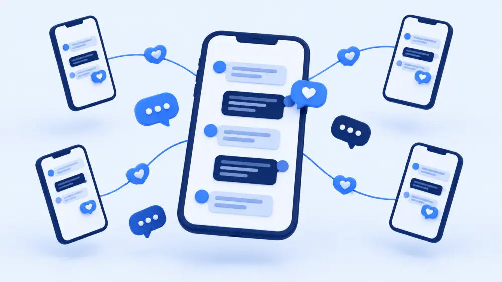 Phone with a comment thread of speech bubbles and hearts linking to other phones