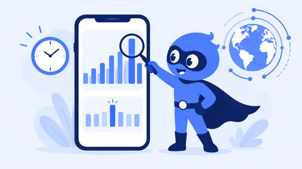 LikeMan superhero pointing a magnifying glass at the peak hour on a phone activity chart