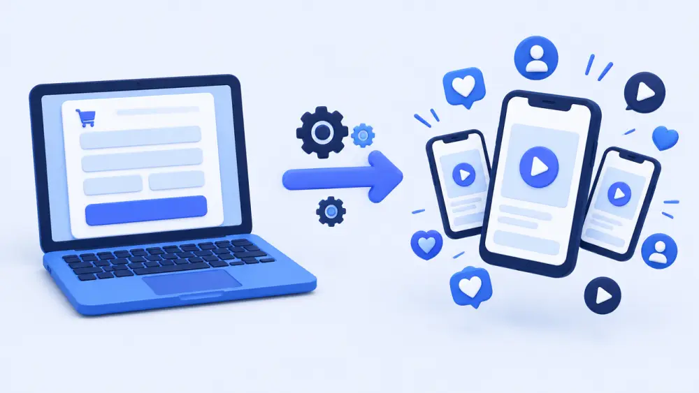 Order form on a laptop sending hearts, followers and views to several phones