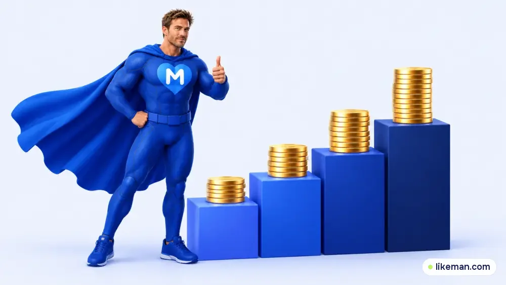 Super-herói da LikeMan fazendo joinha ao lado de quatro degraus azuis, cada um com uma pilha maior de moedas