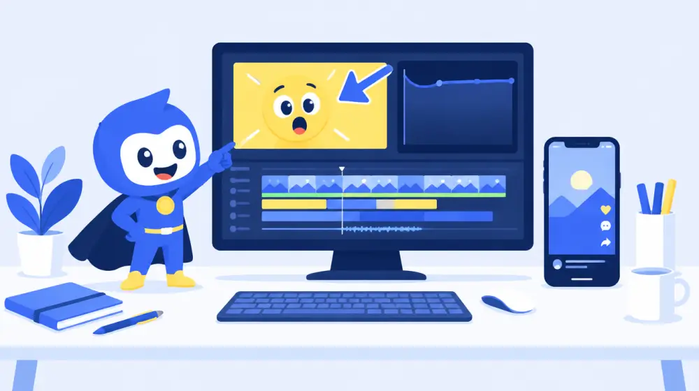 Creator desk with a video editor, a bold thumbnail and a phone showing a Shorts feed