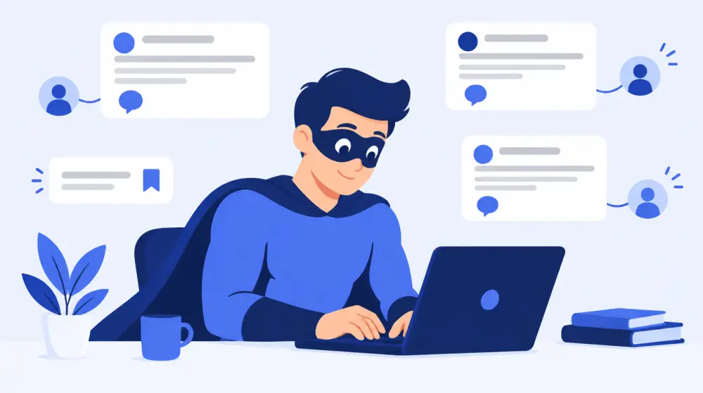LikeMan superhero at a laptop writing posts, with reply bubbles linking to new follower avatars