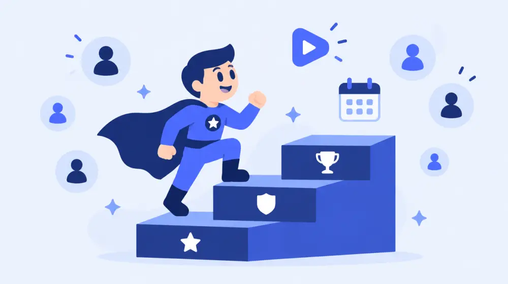 LikeMan superhero climbing three steps toward a trophy, surrounded by follower icons and a calendar