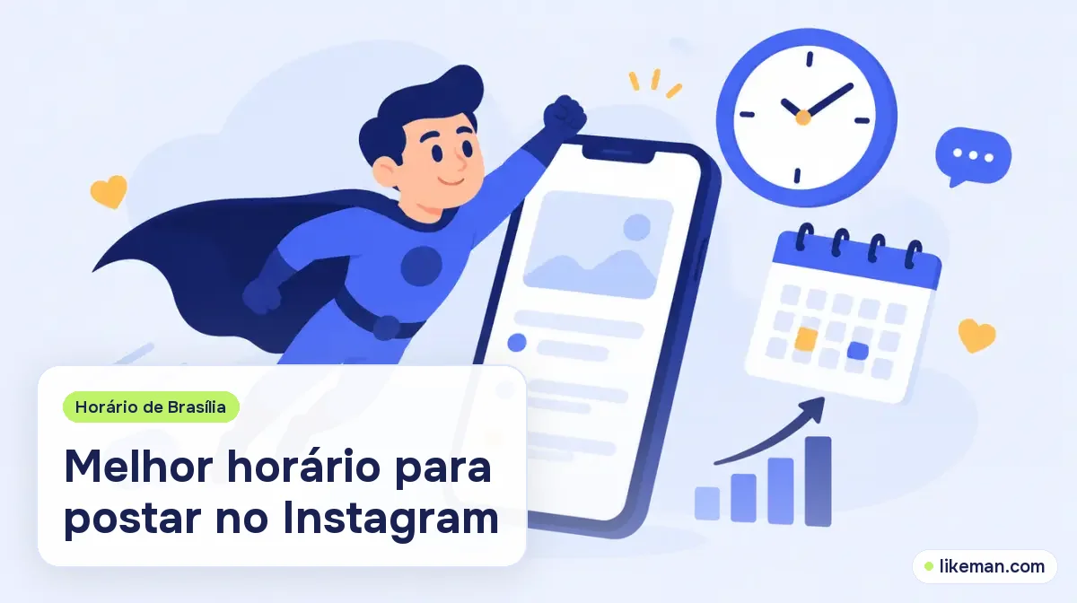 Melhor horário para postar no Instagram. Super-herói da LikeMan voando ao lado de um celular com relógio, calendário e um gráfico subindo
