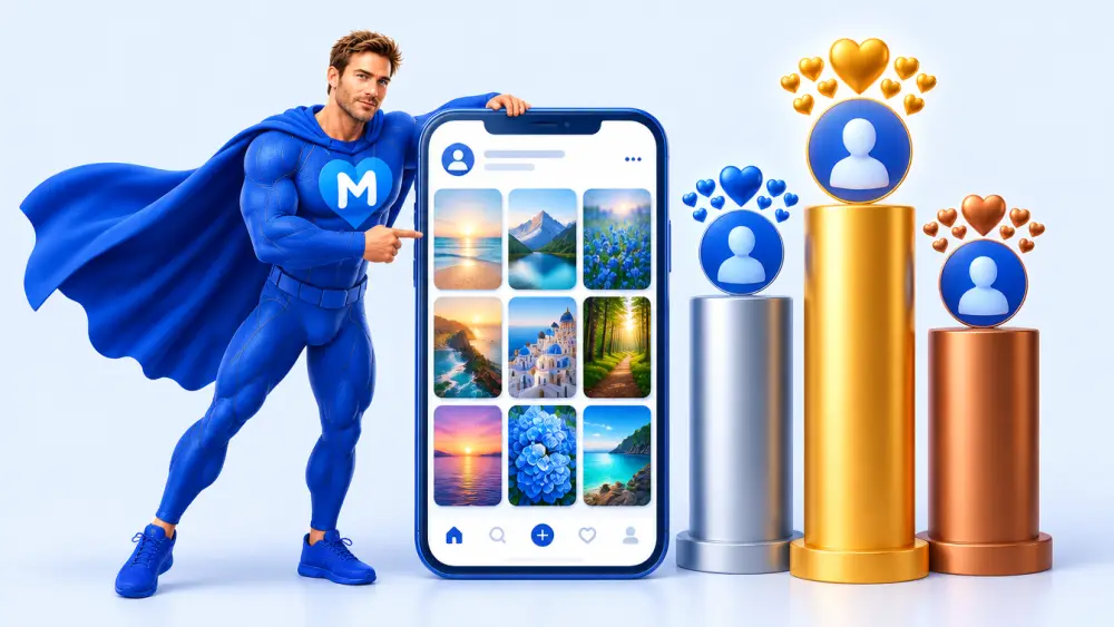 LikeMan superhero pointing at a phone with a photo grid next to gold, silver and bronze podium columns