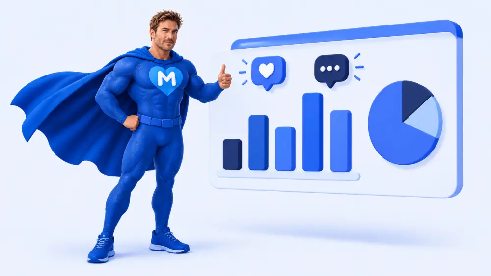 LikeMan superhero giving a thumbs up next to a dashboard with a bar chart and a pie chart