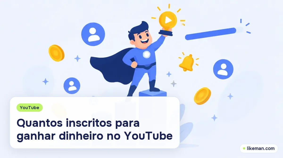 Quantos inscritos para ganhar dinheiro no YouTube. Super-herói da LikeMan em cima de blocos de gráfico crescendo, erguendo um troféu com botão de play