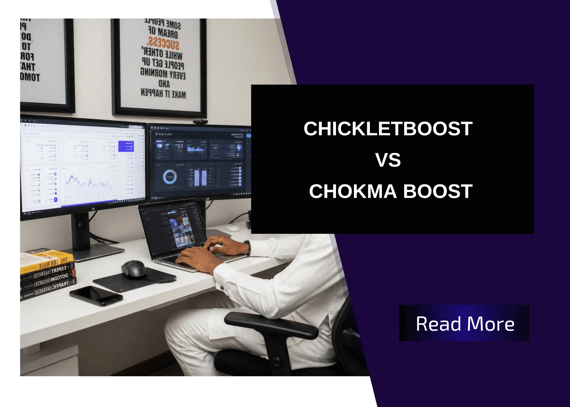 Highly realistic young Nigerian entrepreneur operating a social media marketing business from a modern workspace, multiple monitors showing social media dashboards, professional work environment, natural lighting, realistic facial features, high-detail commercial photography, 8K.