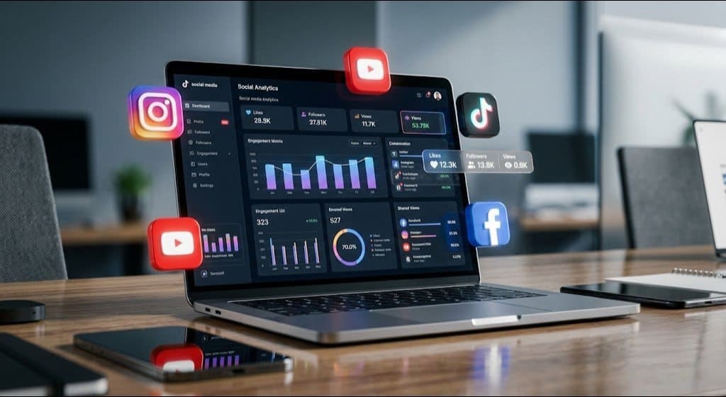 SMM panel digital marketing concept showing social media growth analytics followers likes and views on modern laptop interface