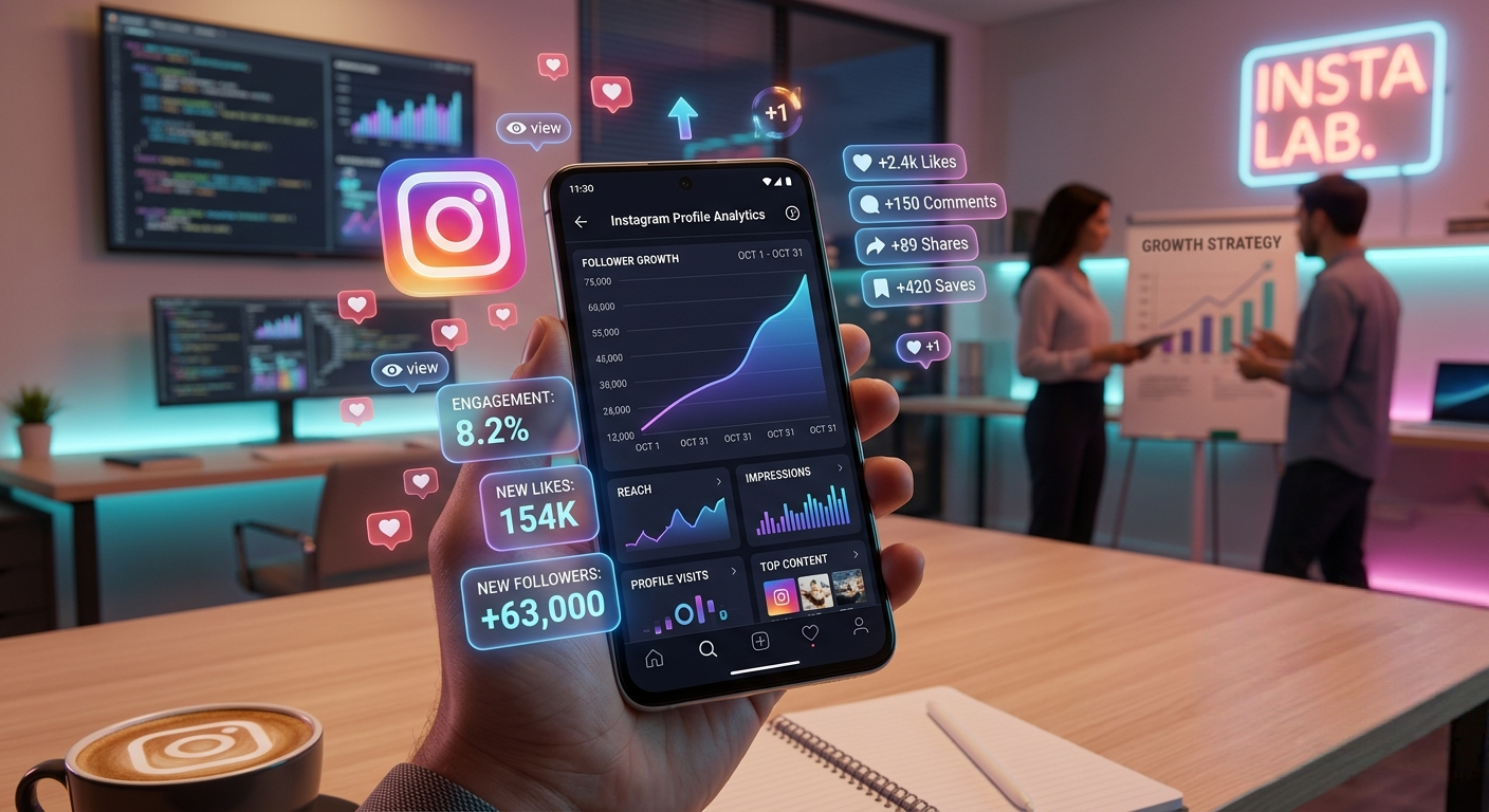 Instagram growth analytics on smartphone showing follower increase and social media engagement dashboard with modern digital marketing concept