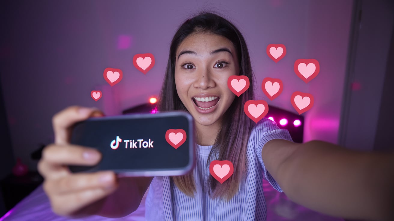 ภาพหน้าจอไลฟ์สด TikTok ที่มีหัวใจลอยขึ้นมาจำนวนมากจากปั้มใจ