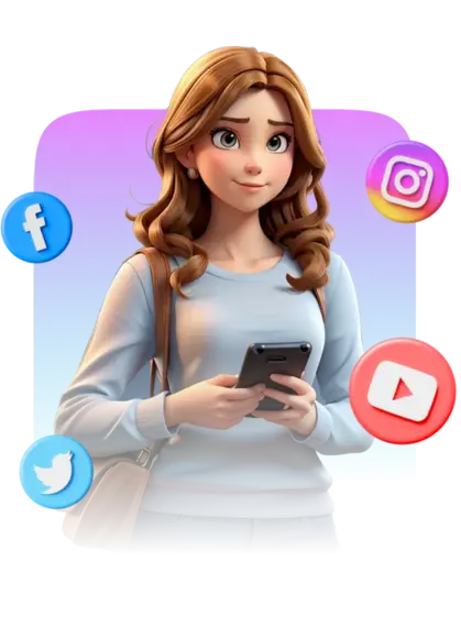 Illustration of a professional girl using mobile with social media icons (Facebook, Instagram, Twitter, YouTube) promoting Best SMM Panel services